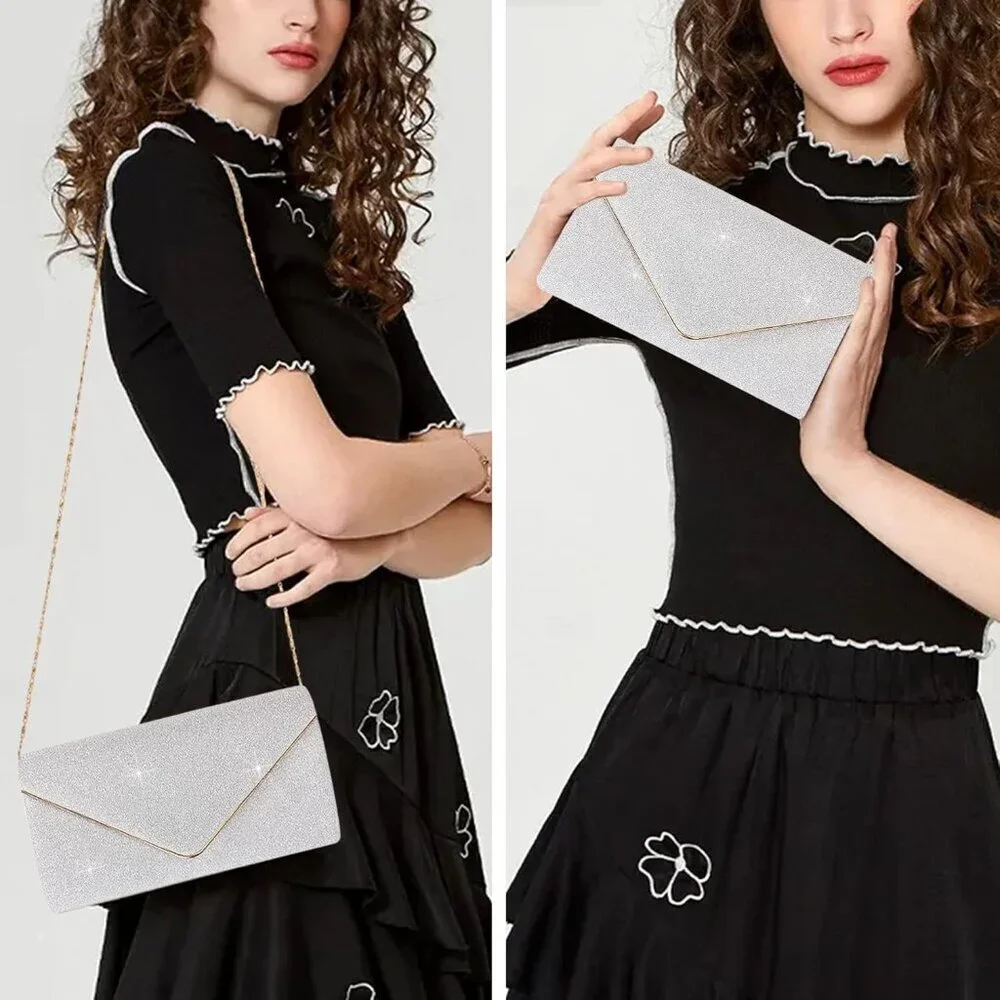 Women's Sparking Silver Envelope Bag With Detachable Chain Clutch Purses